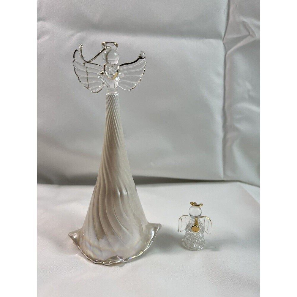 Glass Angel Christmas Ornament Pearl White And‎ Gold trim 9”+Little Angle